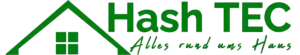 Logo von HashTEC: Dachsymbol mit Firmenname und Slogan „Alles rund ums Haus“ für Rundum-Service in Außenflächenpflege.